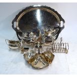 A Walker & Hall epns five-piece tea/coffee service on tray, and electroplated trefoil nut dish,