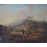 English school - Pastoral view with drovers and animals to foreground, with distant village,
