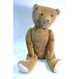 A large early 20th century hump back mohair teddy bear, long arms, glass eyes, felt pads,