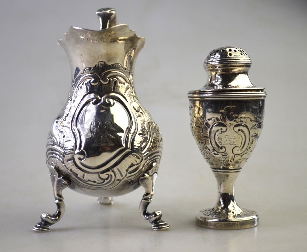 A George III silver pear-shaped cream jug with scroll handle and hoof feet, London 1749, - Image 2 of 7