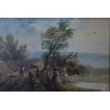 English school - Man and dog on a bridge spanning river, oil on card,