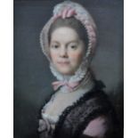 English school - Portrait of a lady in pink ribboned lace bonnett with black lace shawl,