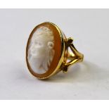 An oval 9ct shell cameo ring of female, yellow metal rubbed over setting with split shoulders,