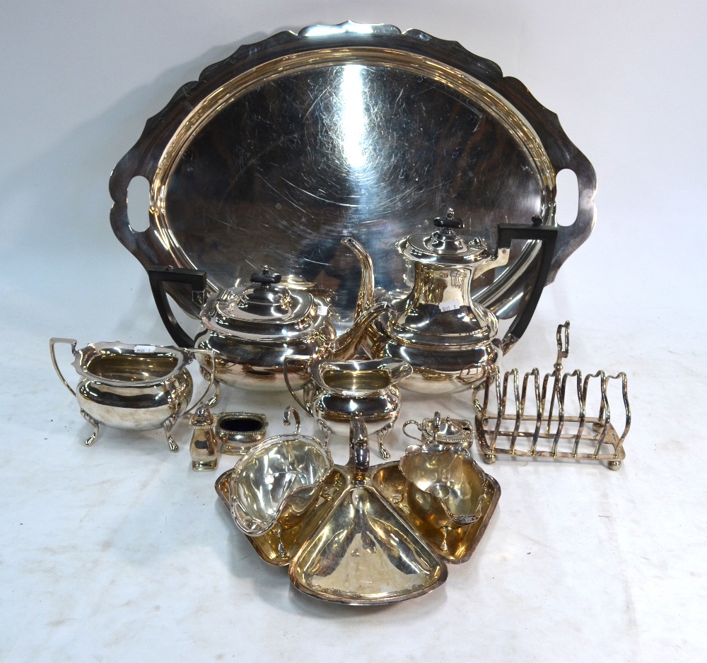 A Walker & Hall epns five-piece tea/coffee service on tray, and electroplated trefoil nut dish,