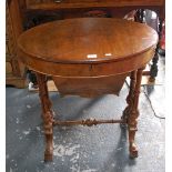 A Victorian walnut work table, the ovoid