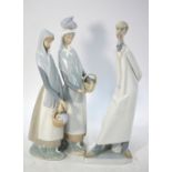 Three Lladro tall figures - Two women wearing shawls and carrying baskets,