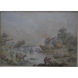 David Cox - A pastoral scene with fishermen and cattle, watercolour, signed lower right,