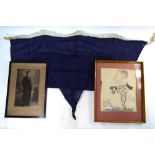 Naval interest - a marine signal flag (blue) dated 1944 to/with a pencil and crayon caricature of