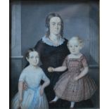 English school - Victorian family group of mother and two daughters, watercolour,