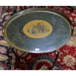 A Regency style gilt decorated black lacquer toll tray on stand,