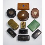 A collection of snuff boxes - wooden, composite, horn and metal examples,