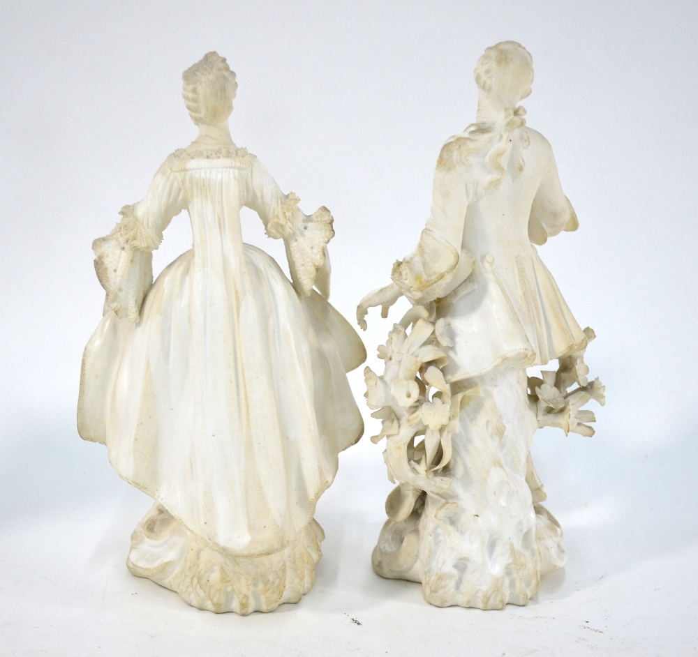 A pair of 18th century Derby biscuit figures of dancers on scrolling rococo bases, incised no. - Image 3 of 10