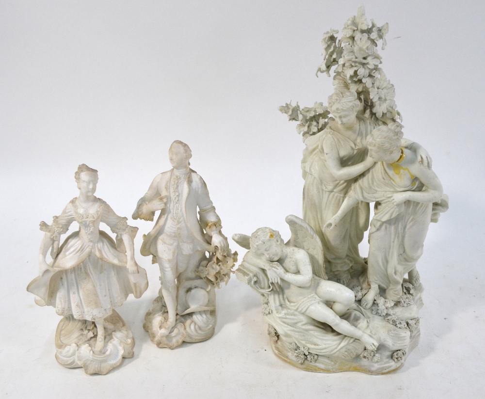 A pair of 18th century Derby biscuit figures of dancers on scrolling rococo bases, incised no.