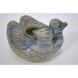 A blue and white incense burner, or other vessel, designed as a pair of conjoined Mandarin ducks,