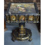 A Victorian gilt, polychrome and black lacquer papier mache work table, the interior well fitted,