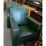 A pair of 1940s green vinyl club armchairs in the Art Deco manner