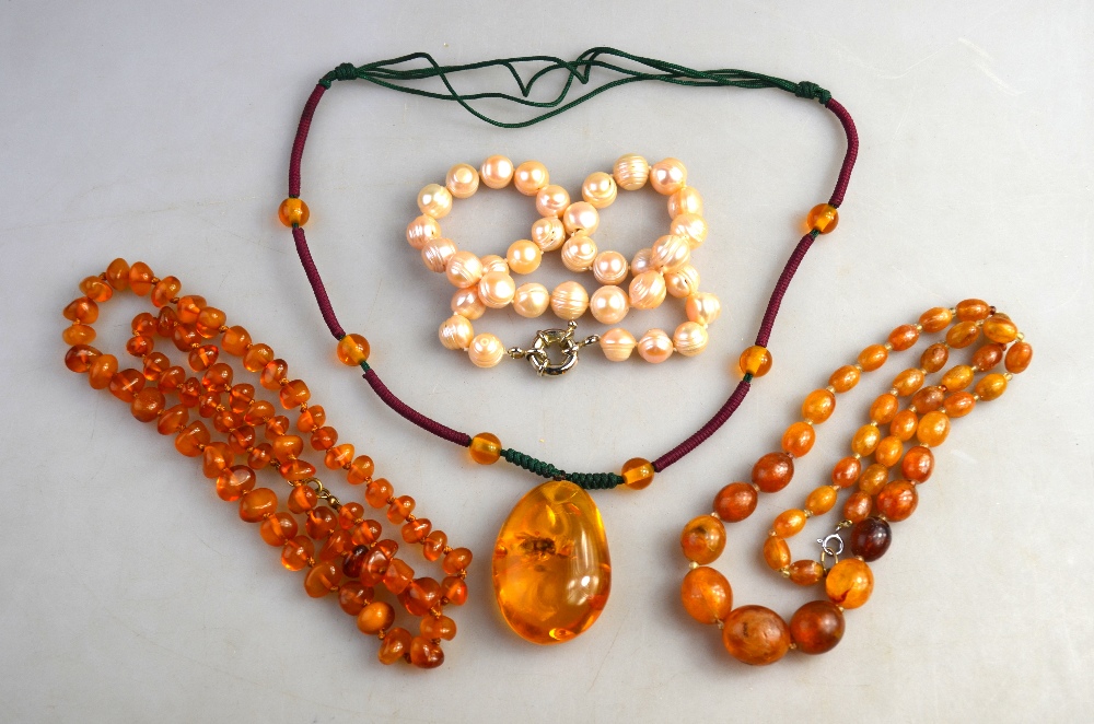 Lot containing row of freshwater pearls, amber necklace, imitation amber pendant containing insect,