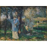 French school - Artists in a garden beneath dappled shade, oil on board,