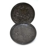 A pair of 19th century brown-patinated bronze plaques, embossed with Arcadian fete champetre scenes,