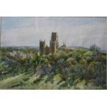 G Hutchinson - Durham Cathedral, watercolour,