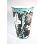 Josie Firmin - A flared vase painted with four cats, titled 'the 4 M's' on the base, 22.