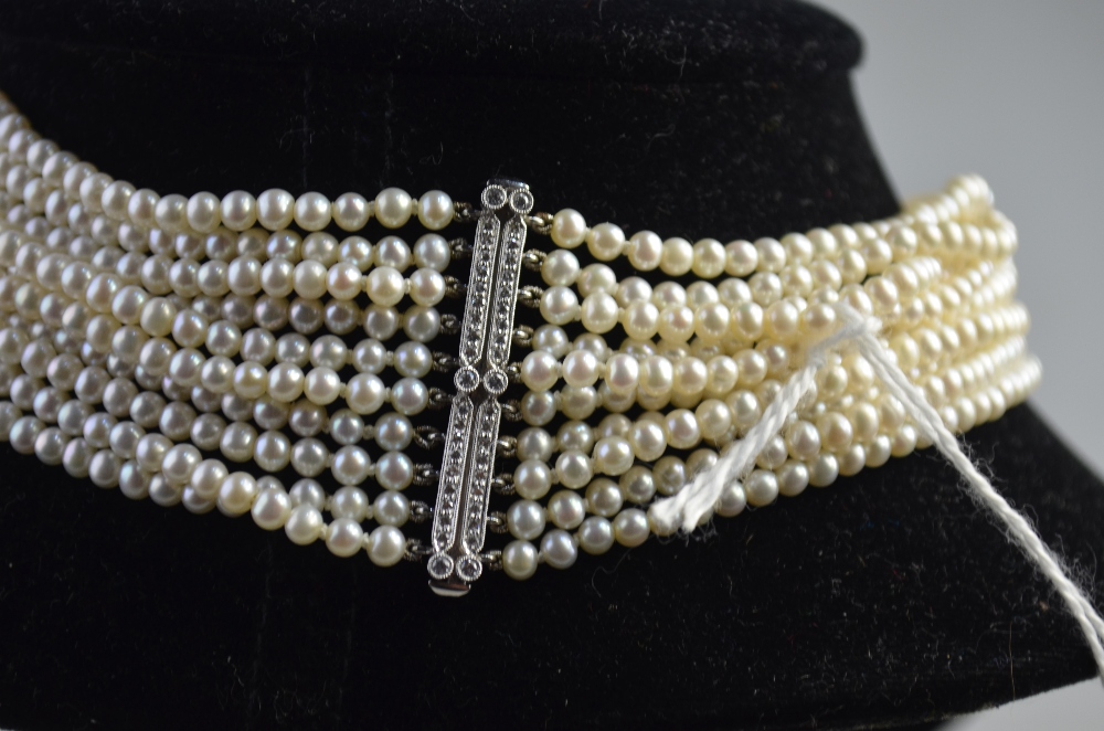 An Edwardian style ten-row cultured pearl necklace with rectangular pierced centrepiece set overall - Image 3 of 3