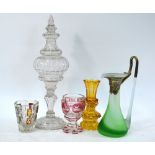 A small collection of continental 19th century glass comprising: A jar and cover raised on a cut