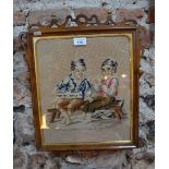 A pair of Victorian needlework pictures, mischievous boys,