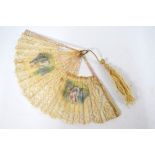 A 19th century fan, the lace leaf with two silk panels painted with 18th century courting couples,