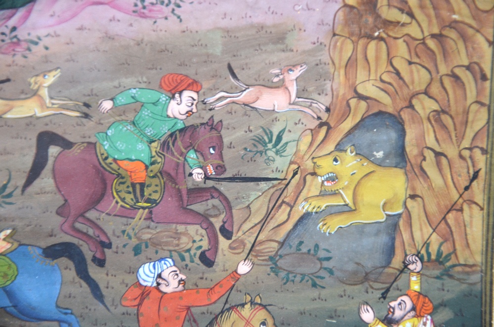 Two Mughal style pictures: each one depicting huntsmen attacking tigers, framed and glazed, - Image 6 of 8