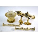 Two 19th century brass gimballed candle-lamps (one glass shade) to/w a mortar with two pestles
