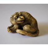 A stained ivory netsuke or small okimono of a tiger with a curved tail,