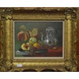 Boit - Still life study with fruit and coffee pot, oil on board, signed lower right, 16.