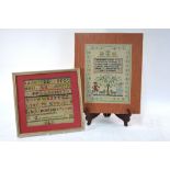 Two needlework samplers -alphabet and shepherd and shepherdess,