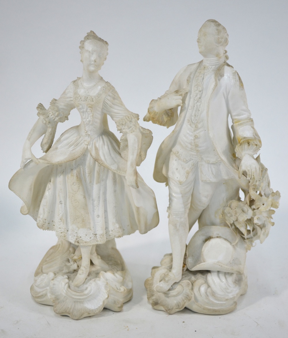 A pair of 18th century Derby biscuit figures of dancers on scrolling rococo bases, incised no. - Image 2 of 10