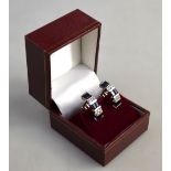 A pair of baguette sapphire and diamond half hoop earrings, white metal set stamped 585,