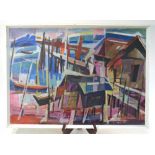 Chen Wen Hsi (attributed) - a Nanyang School style abstract fishing village, oil on board,