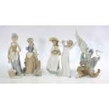 Five Nao figures - Child yawning, 20 cm; Girl with basket, 22 cm; Girl with washing,