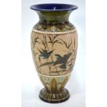 Florence E Barlow - a large Doulton Lambeth baluster vase with pate sur pate decoration depicting
