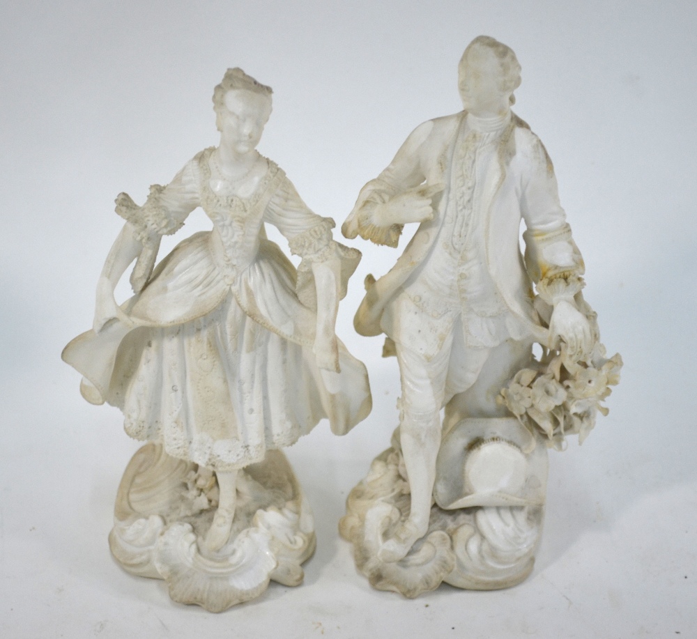 A pair of 18th century Derby biscuit figures of dancers on scrolling rococo bases, incised no. - Image 6 of 10