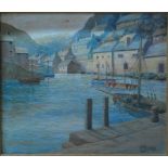 E J Mundy - A Cornish fishing village, oil on board, signed lower right,