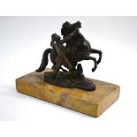 A small brown-patinated bronze group, Marley Horse with groom, on marble plinth,