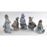 Five Lladro figures - Two girls holding baskets of flowers; Girl with dog and cat;