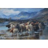 J Denovan Adam (1842-96) - Highland cattle crossing a river, oil on canvas,