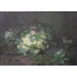 L Noyret - Primroses, oil on canvas, signed lower right,