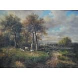 English school - An extensive rural view with figure, sheep and cattle beneath trees, oil on canvas,