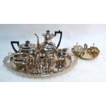 A Walker & Hall epns five-piece tea/coffee service on tray, and electroplated trefoil nut dish,