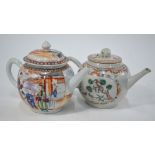 Two famille rose teapots: one with Manchu/Chinese figures and domed cover,
