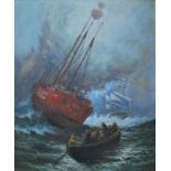 P Davis - Ships in stormy seas, oil on board, signed lower right,