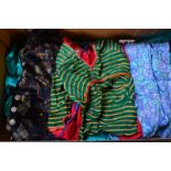 Two boxes boxes of assorted vintage clothing to include a top with stitch-worked panel,